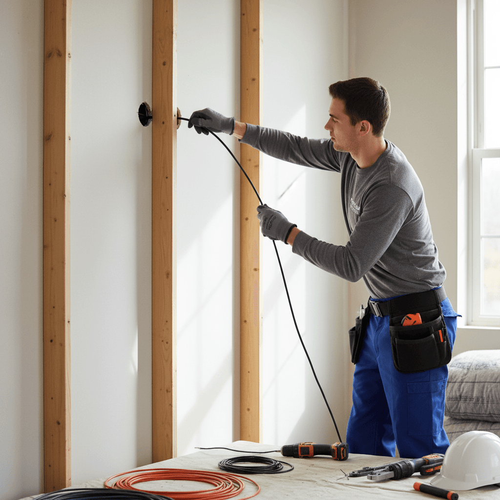 Electrician installing electrical wiring through wall cavity with proper technique