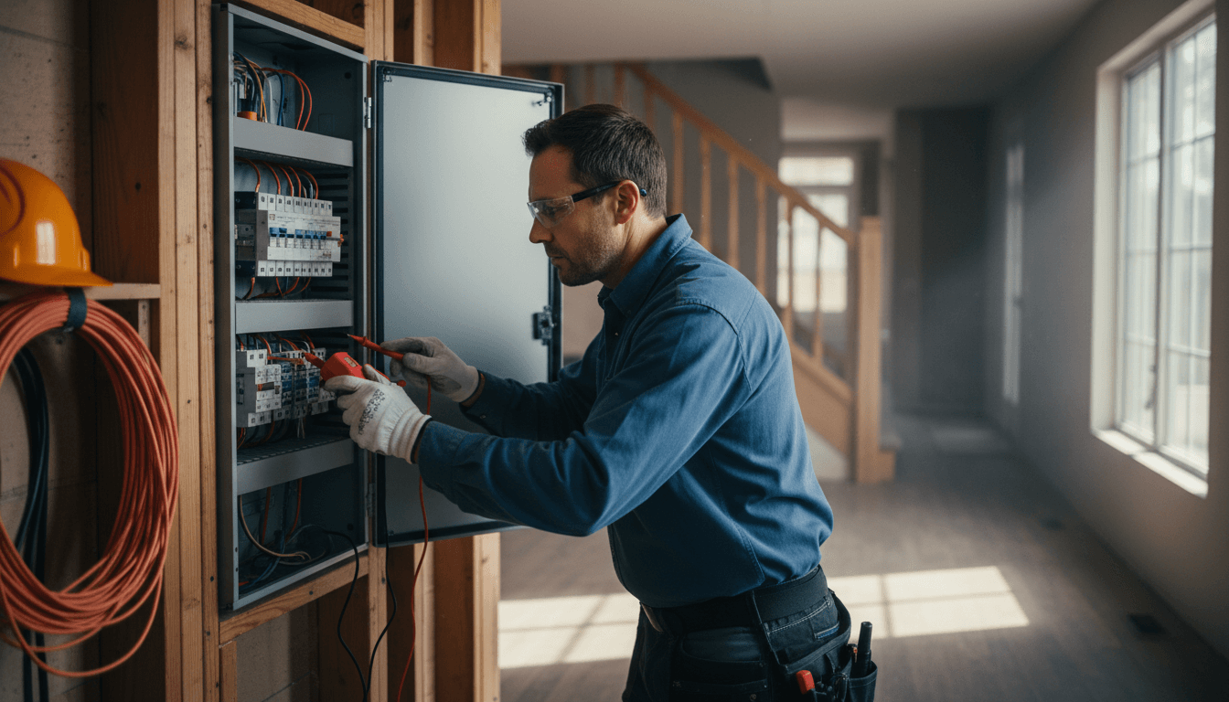 Electrician testing residential electrical panel with multimeter
