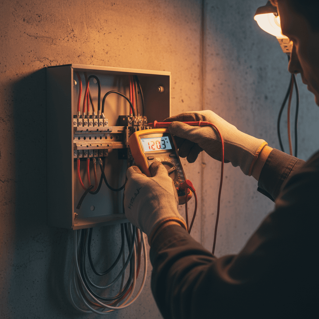 Electrician performing detailed site assessment with multimeter on circuit panel