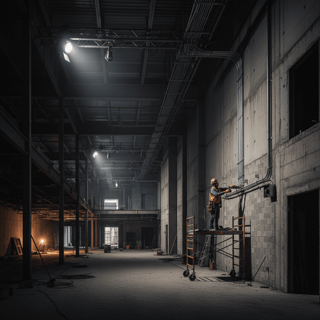 Electrician performing commercial-scale electrical rough-in work on building infrastructure