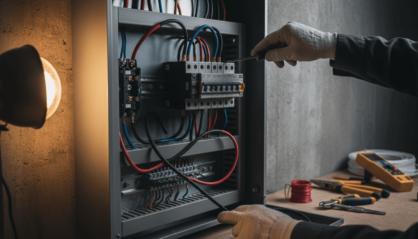 Professional electrician installing electrical panel with precision and focus