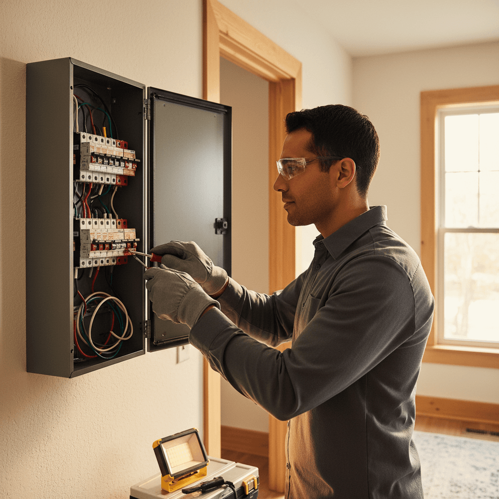 Electrician working on residential electrical panel with careful precision