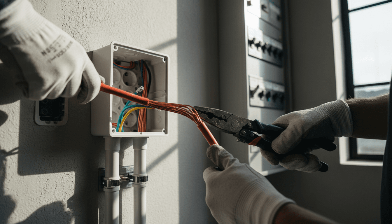 Electrician's hands working on residential electrical wiring installation