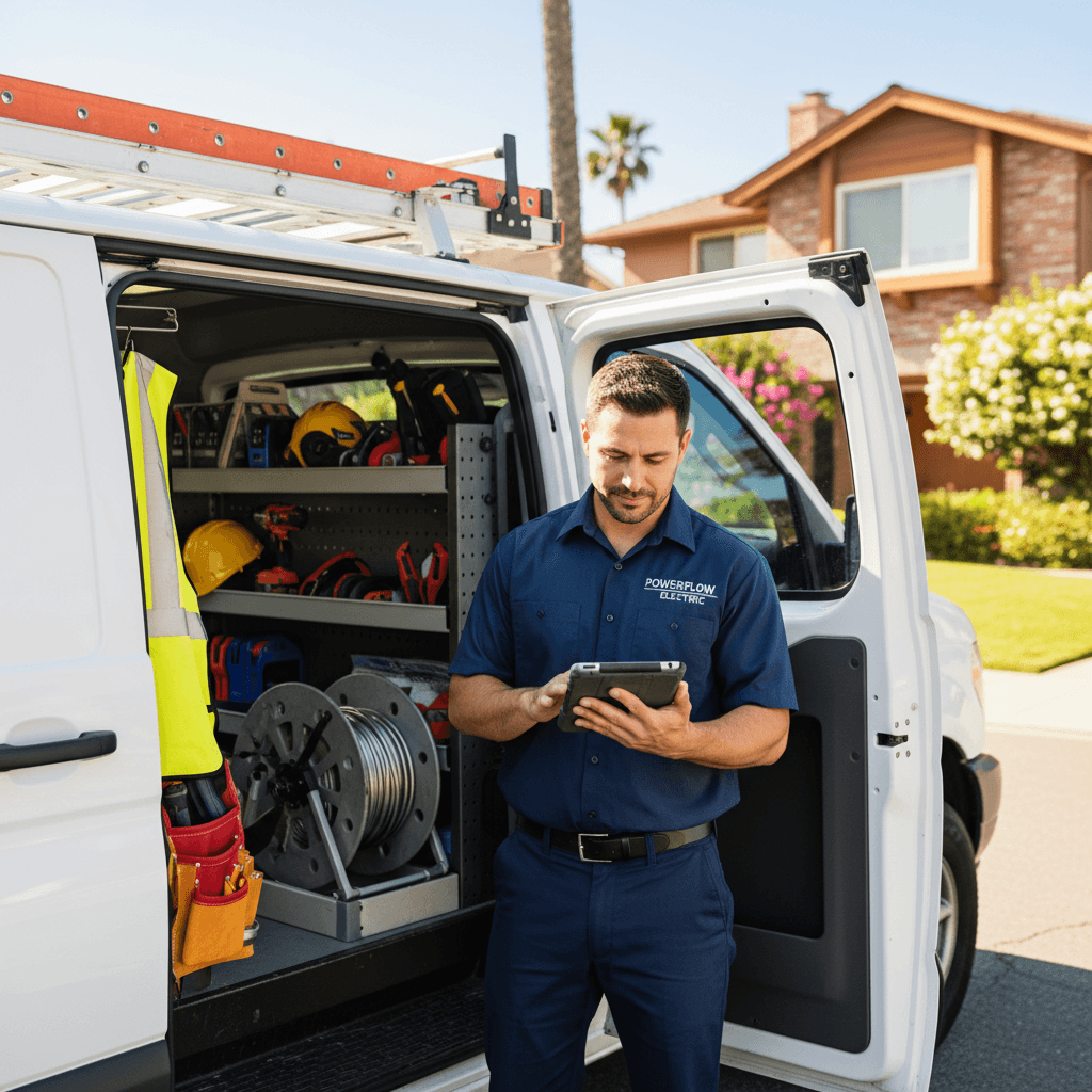 Electrician reviewing project details and scheduling work from service vehicle